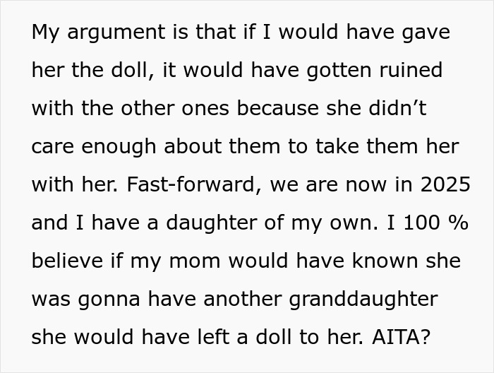 Text discussing a family disagreement over heirloom dolls, ruined by a hurricane, with an aunt involved. 