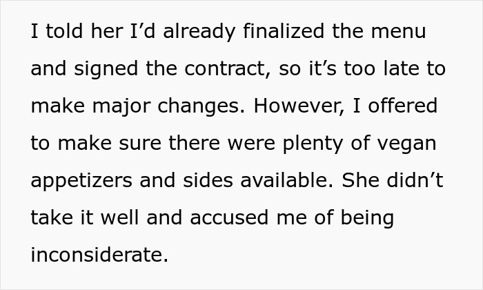 Text discussing finalized wedding menu, offering vegan options, and being accused of inconsideration over vegan requests.