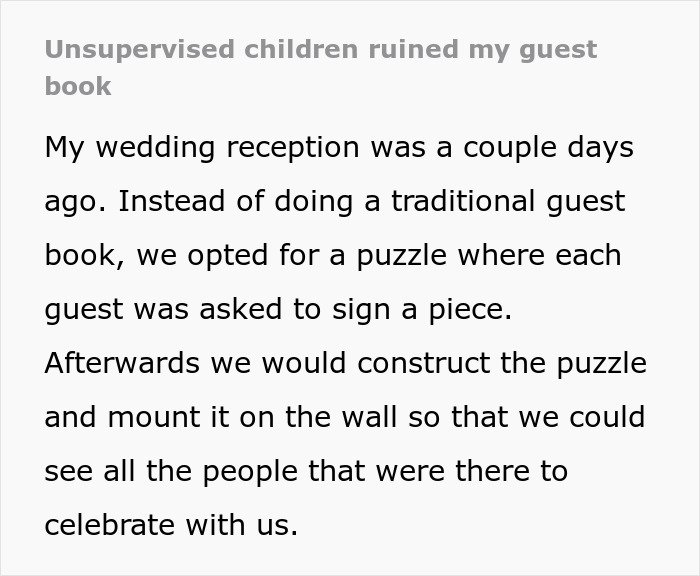 Wedding guest book ruined by kids; unique puzzle concept disturbed. Wedding guest book ruined by kids; unique puzzle concept disturbed.
