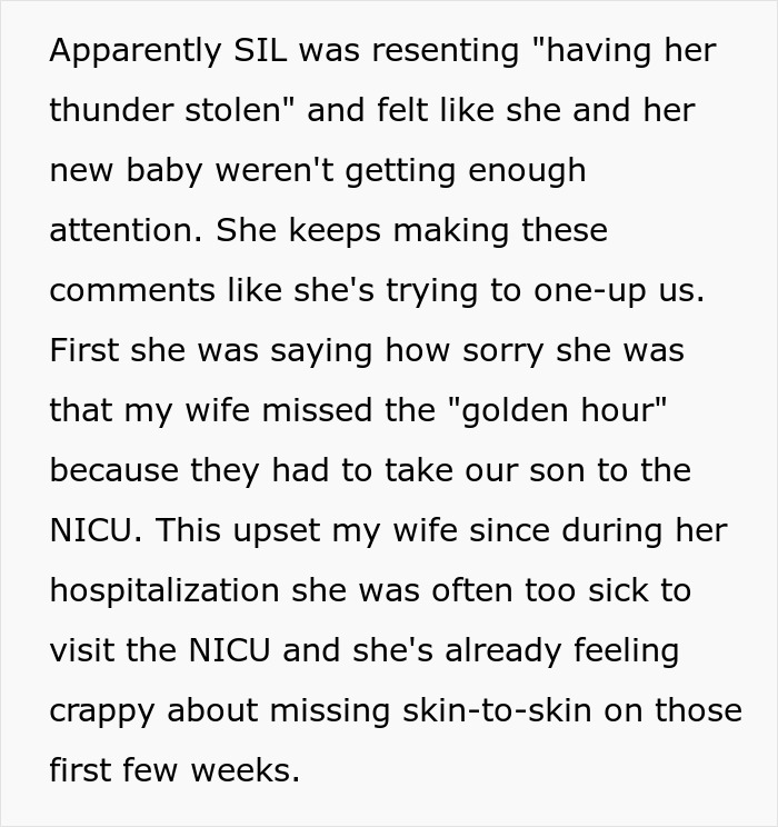 Text about a woman feeling upstaged by a premature nephew, trying to prove her baby's worth, and being called out by dad.