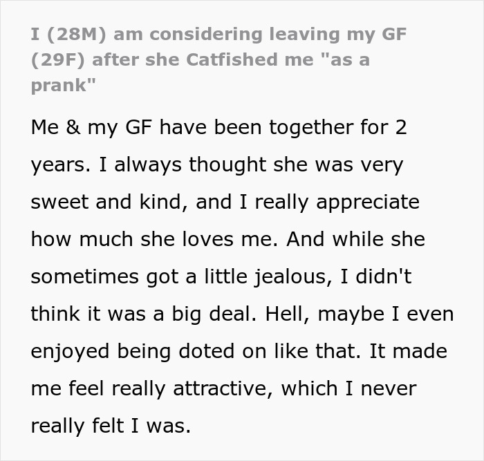 Text discussing GF catfishing BF as a prank, affecting their relationship.