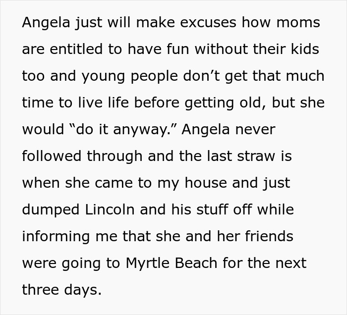 Text from story about a 22-year-old frequently leaving her child with others, considering a call to CPS. Text from story about a 22-year-old frequently leaving her child with others, considering a call to CPS.