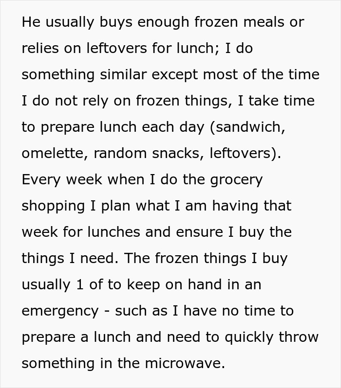 Text describing a person's lunch preparation, avoiding frozen meals. Text describing a person's lunch preparation, avoiding frozen meals.