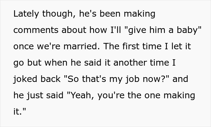 Text screenshot discussing a man's comments on starting a family as fianc&eacute;e's new "job.