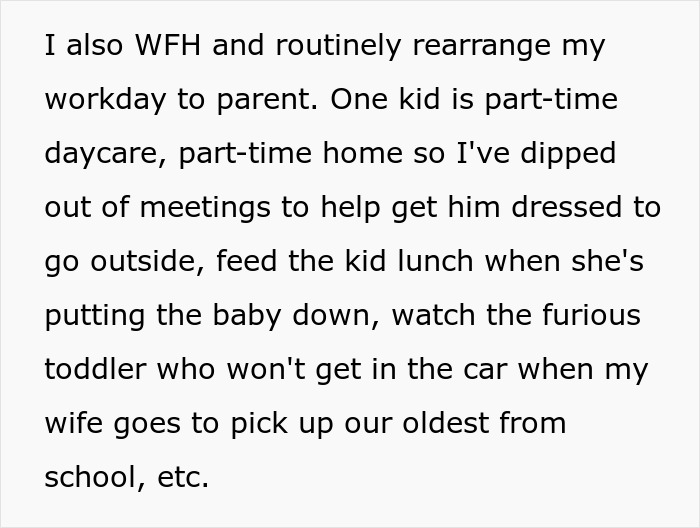 Work-from-home parent managing kids' schedule and helping while wife handles morning tasks.