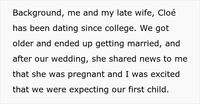 Text story about a man and his late wife, pregnancy news after their wedding.