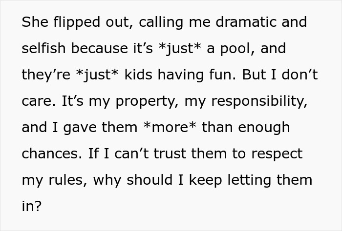 Text image expressing frustration over neighbors' kids using pool without permission.