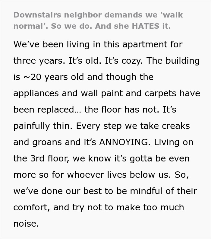 Text discussing a woman regretting asking her neighbors to walk normally in an old, noisy apartment building.