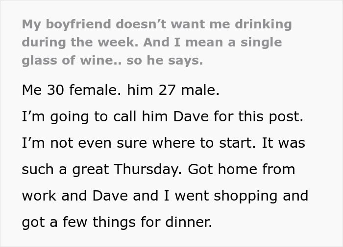 Text discussing a boyfriend's refusal to get wine for his girlfriend, citing family alcoholism genes.