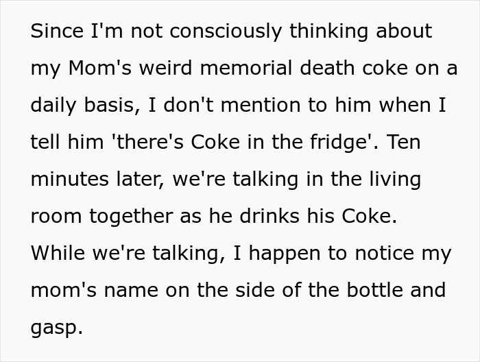 Text about discovering a 10-year-old Coke tribute for a friend's late mom on a bottle. Text about discovering a 10-year-old Coke tribute for a friend's late mom on a bottle.