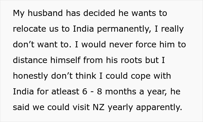 Text expressing a wife's resistance to relocating to India permanently despite her husband's plans.