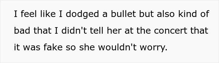 Text reads about feeling relieved and guilty for not revealing a ring was fake to a fianc&eacute;e at a concert.