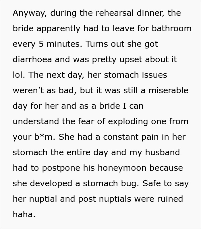Text image describing a bride with stomach issues at a rehearsal dinner, affecting her wedding and honeymoon.