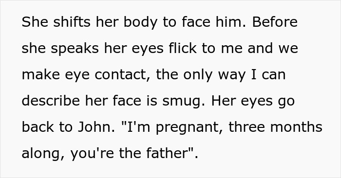 Text describes a woman claiming pregnancy by a supposedly infertile man in an open relationship.
