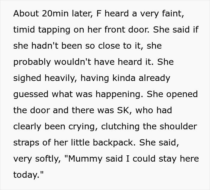 Text describes neighbor encounter with crying child left by her mother.