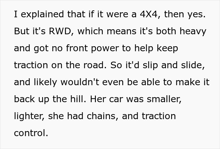 Text explaining vehicle traction issues and sibling's reasoning against driving woman's car off-road.