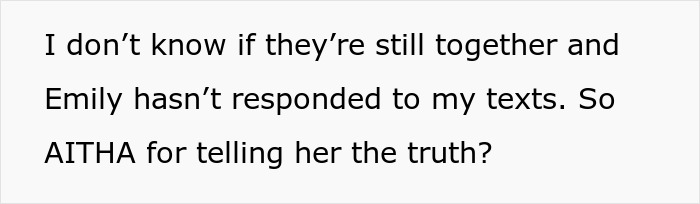 Text of a message discussing neighbor drama about dating someone's husband, questioning the decision to reveal the truth.