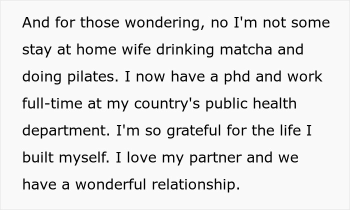 Text about a woman living well after turning her life around, expressing gratitude for achievements and her relationship.