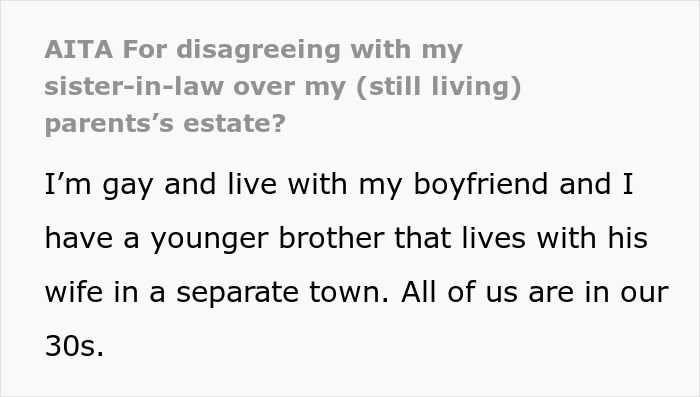 Text discussing a gay man's disagreement with his sister-in-law over family estate issues.