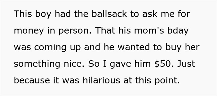 Text message about an unemployed man asking for money, claiming it's for his mom's birthday gift. Text message about an unemployed man asking for money, claiming it's for his mom's birthday gift.