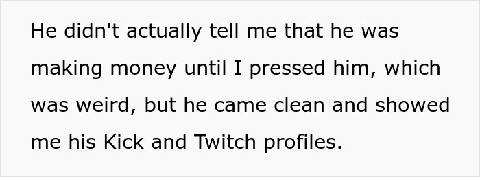 Text about a teenage son earning money from Kick and Twitch, leading to a conversation about charging rent.