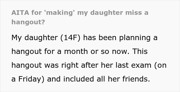 Text discussing a parent prioritizing a family trip over daughter's plans with friends, mentioning missed hangout.