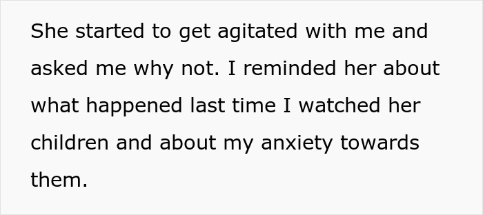 Text about anxiety and babysitting difficulty, mentioning an incident and a sister's reaction.