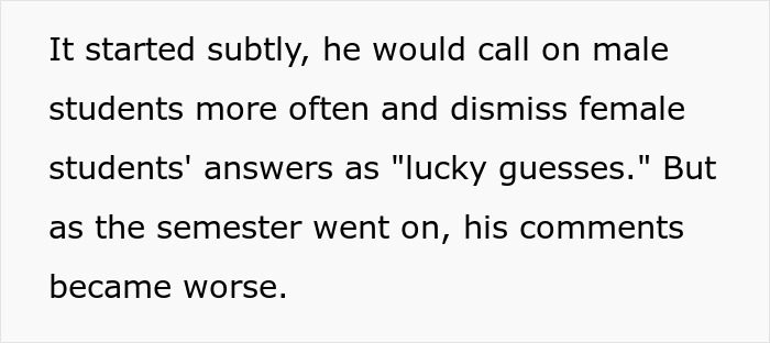 Text describing professor's sexist remarks escalation in a classroom setting.