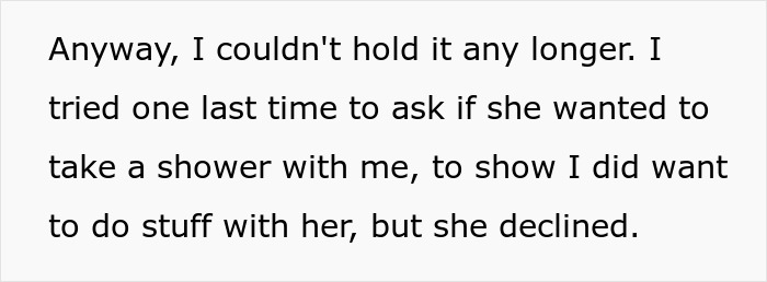 Text about a woman declining a shower invitation, referencing personal hygiene issues. Text about a woman declining a shower invitation, referencing personal hygiene issues.