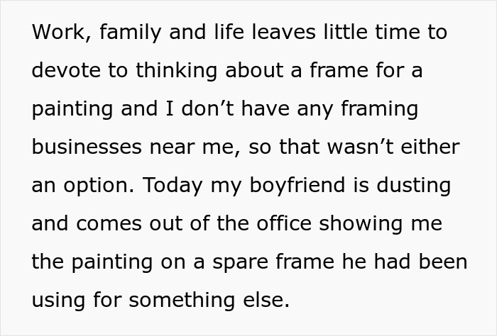 Text about a woman discussing artwork and framing challenges after a boyfriend's unexpected fix.