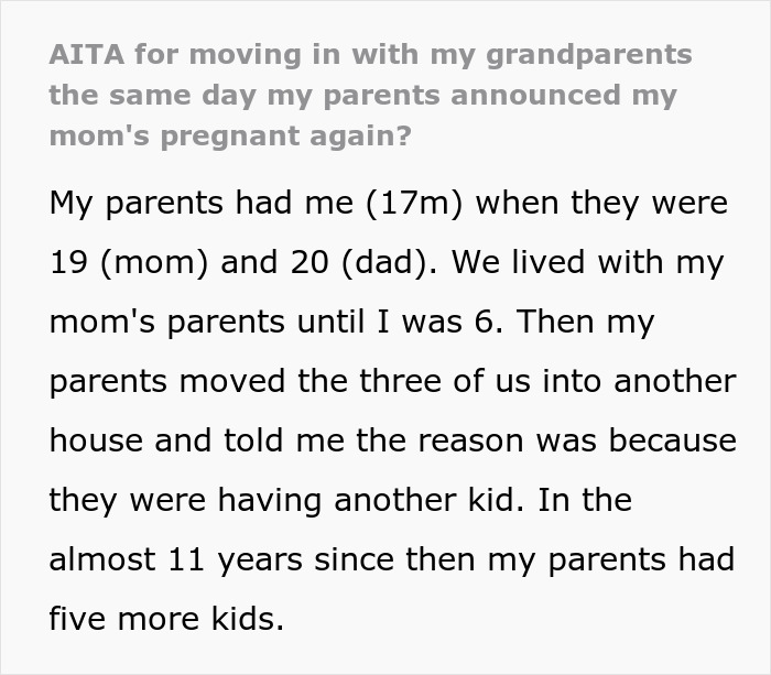 Text discussing moving in with grandparents after parents announce another pregnancy. Text discussing moving in with grandparents after parents announce another pregnancy.