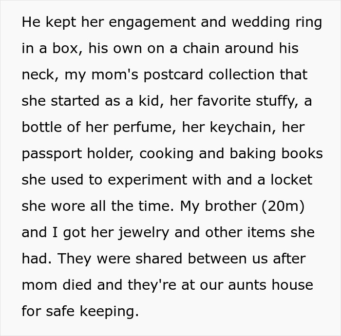 Text about a woman retrieving her late mom's belongings, including rings and postcards, from the trash, leading to conflict.