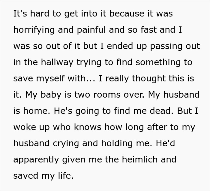 Text recounting how a husband's prank led to a life-threatening situation, requiring the Heimlich maneuver to save his wife.