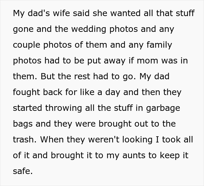 Text describing a conflict over late mom's belongings, with items taken from trash to keep them safe.