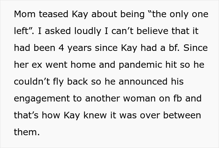 Text excerpt about a woman teasing her sister regarding her relationship status and past breakup.