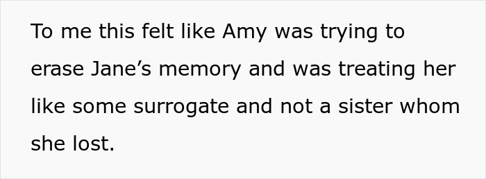 Text about sibling dynamics and grief, mentioning Amy, Jane, and surrogate roles.
