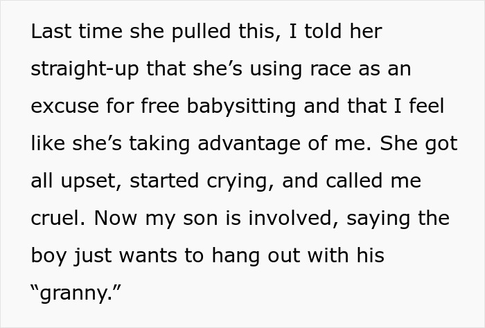 Text recounts a confrontation over alleged misuse of "Black Roots" for babysitting by Grandma. Text recounts a confrontation over alleged misuse of "Black Roots" for babysitting by Grandma.