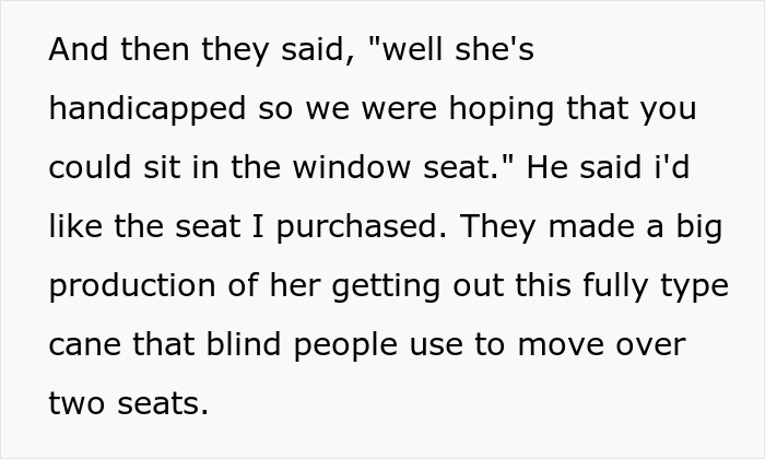 Text recounting drama over a handicapped seating dispute on a flight.