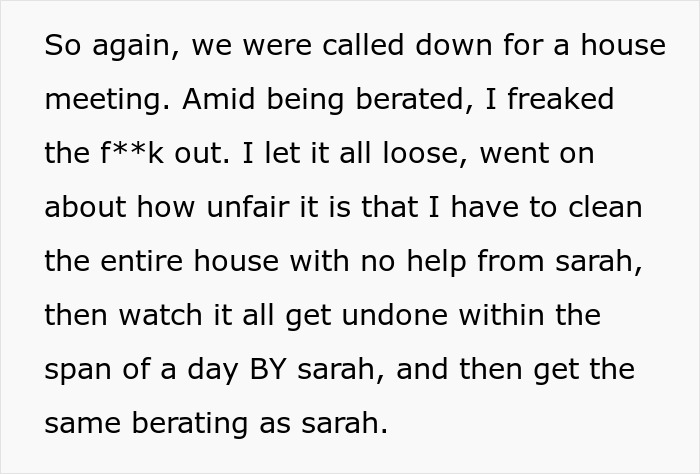 Text describing a stressful conversation about unfair house cleaning duties and the impact on a friendship.
