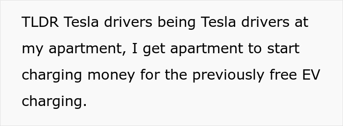 Text describing Tesla drivers and EV charging changes at an apartment.