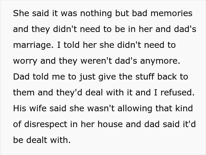 Text about a woman accused of stealing while taking her late mom's belongings back from the trash.