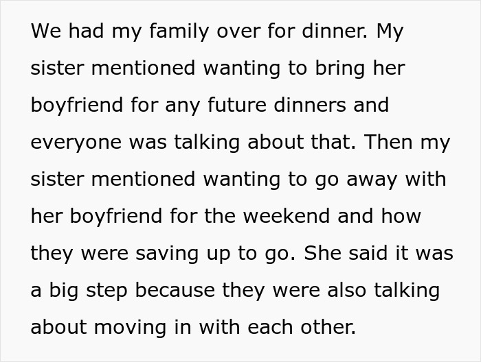 Text discussing family dinner, sister's plans with boyfriend, moving in together being a big step. Keywords: husband, sister, rich. Text discussing family dinner, sister's plans with boyfriend, moving in together being a big step. Keywords: husband, sister, rich.