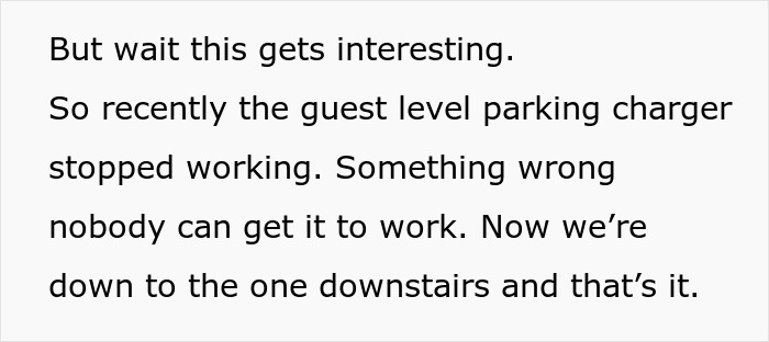 Text describing a broken charging station issue, highlighting Tesla drivers facing limitations.