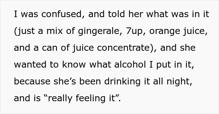 Text describing a punch mix at a work party, mistaken for an alcoholic drink by a coworker.