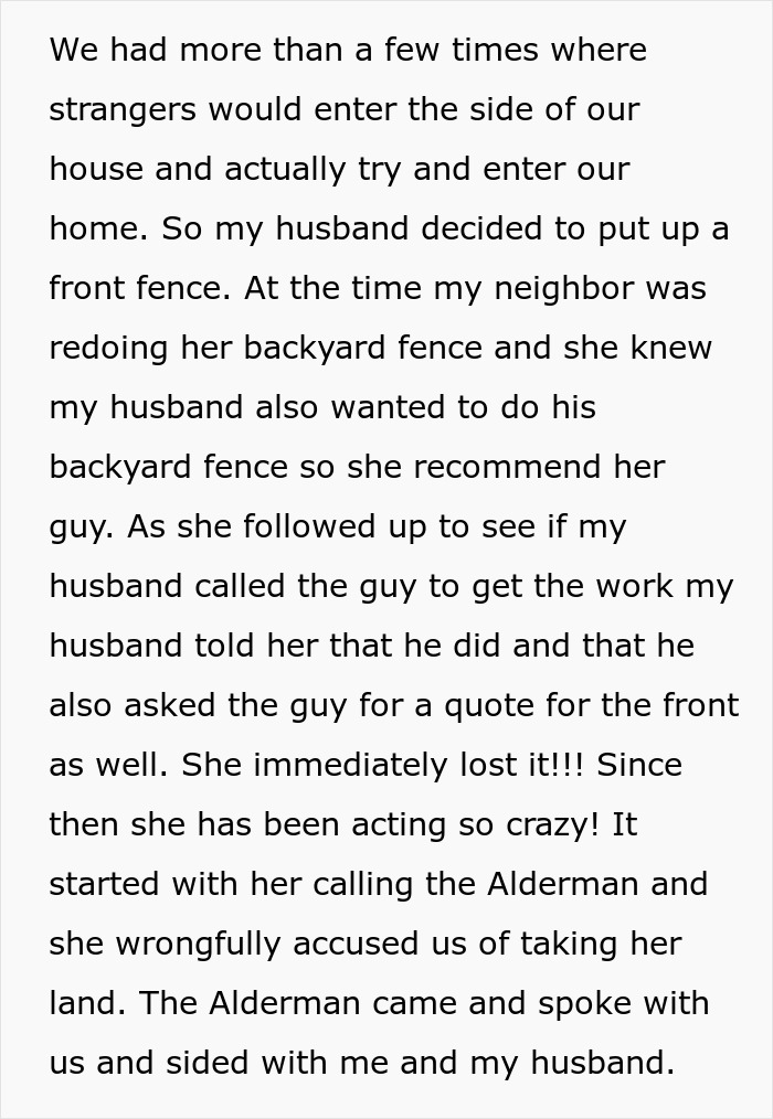 Text description of a dispute over neighbors building a fence, involving police and accusations. Keywords: OCD, neighbors, fence.