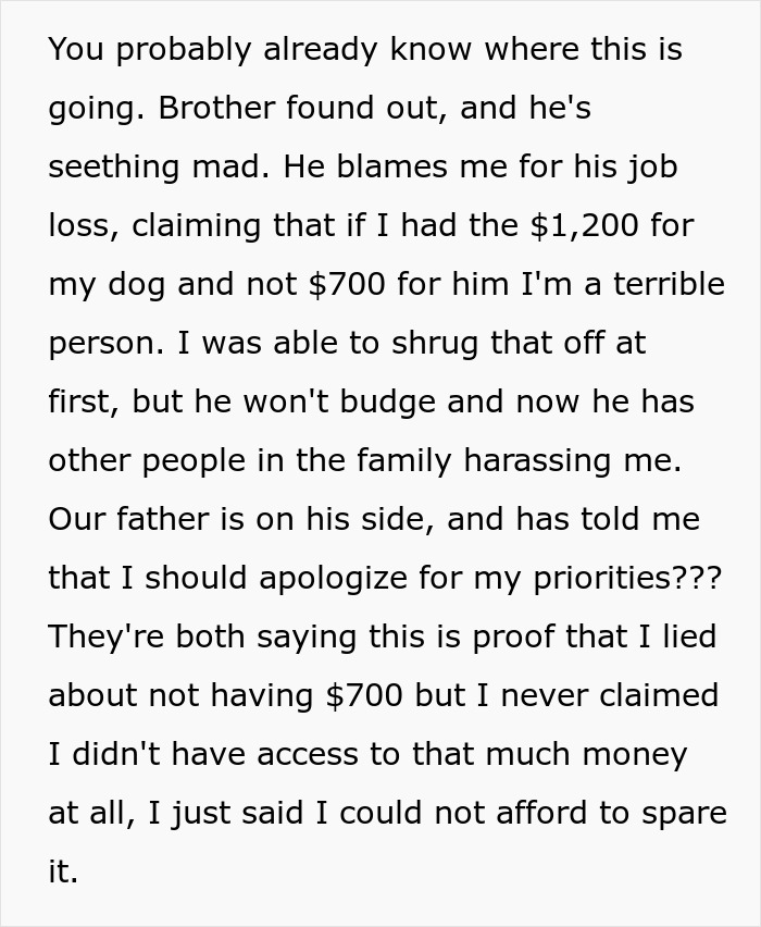 Text discussing a woman refusing to lend $700 to her brother, spending $1,200 on her dog instead, causing family conflict. Text discussing a woman refusing to lend $700 to her brother, spending $1,200 on her dog instead, causing family conflict.