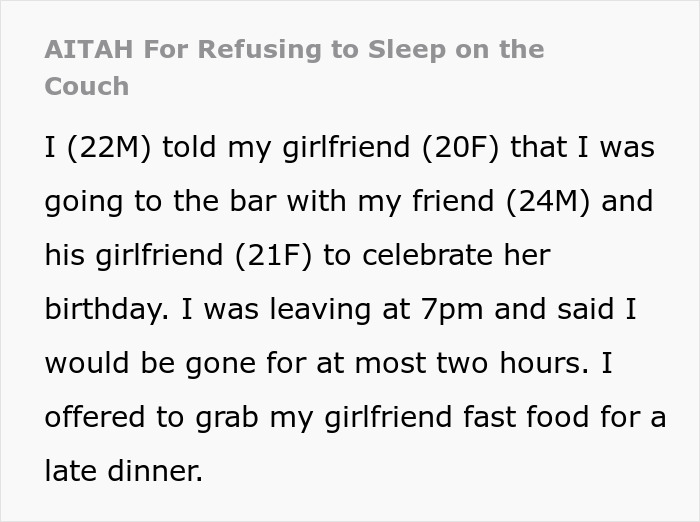 Text about refusing to sleep on the couch, discussing a nighttime outing and offering fast food to a girlfriend.