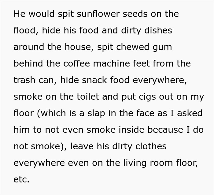 Woman makes brother live in his own filth; text detailing his messy habits. Woman makes brother live in his own filth; text detailing his messy habits.