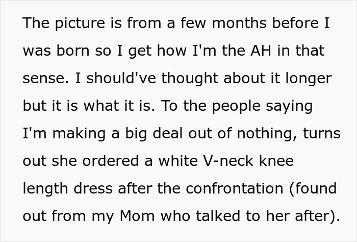 Text discussing a bride's concerns about her grandmother choosing a white dress for the wedding.