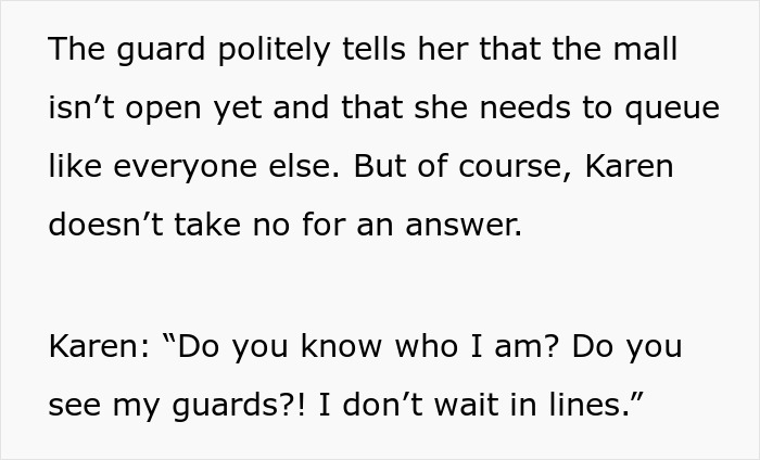 Text quote about a woman and guards questioning mall rules with, "Do you know who I am? Text quote about a woman and guards questioning mall rules with, "Do you know who I am?
